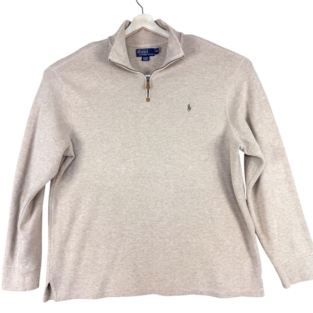 Polo Ralph Lauren Sweater Mens 2XL Beige Quarter Zip Mock Neck Cotton Pullover
